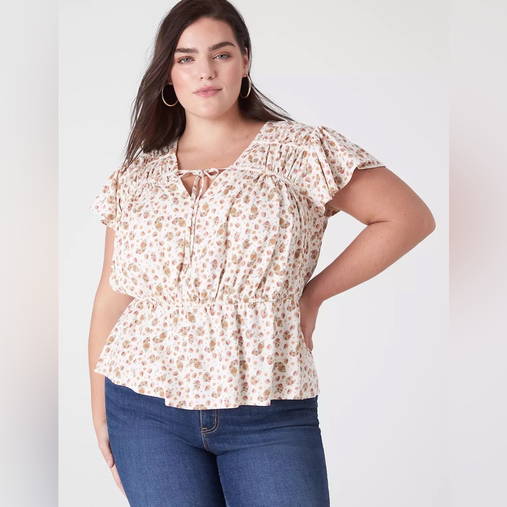 Lane Bryant Cream Floral Tie-Neck Peplum Blouse NWT
